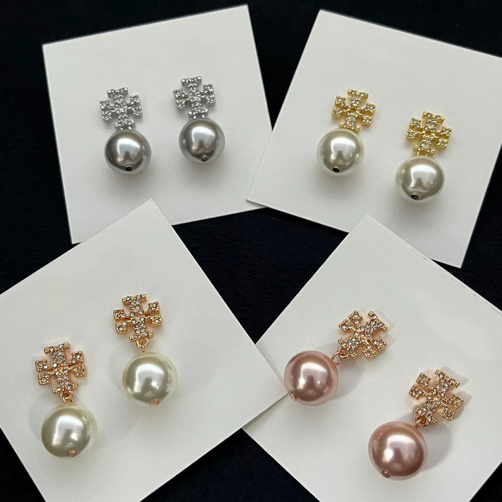 Tory Burch Rhinestone Pearl Letter Metal Drop Earrings